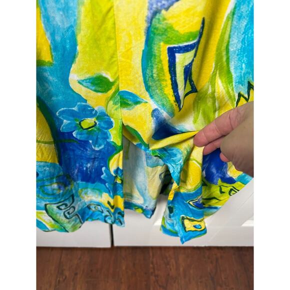 80s WNY Blue Yellow Colorful Short Sleeve Batik Print Dress Size 4/6 Small Rayon - Picture 6 of 7